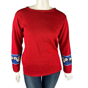 New Vintage River Ridge Womans Large Sweater Red Long Sleeve Floral‎ Embroidery